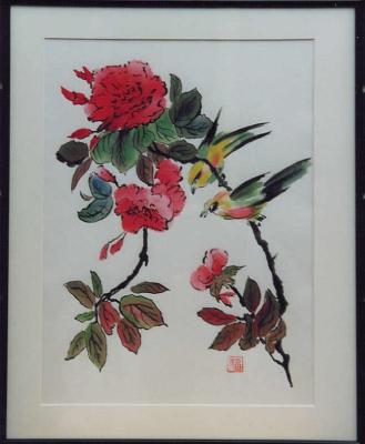Chinese penseelschildering:Vogels op bloemtak Chinese penseelschildering:Vogels op bloemtak