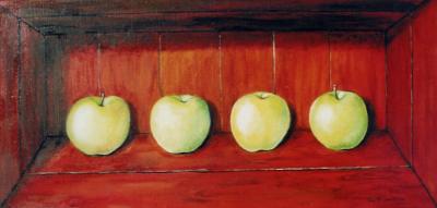 stilleven: VIER APPELS IN ROODBRUIN KISTJE stilleven: VIER APPELS IN ROODBRUIN KISTJE