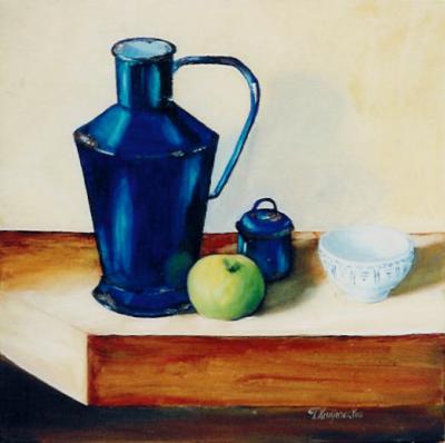 realistisch stilleven: BLAUW EMAILLE WATERKAN realistisch stilleven: BLAUW EMAILLE WATERKAN