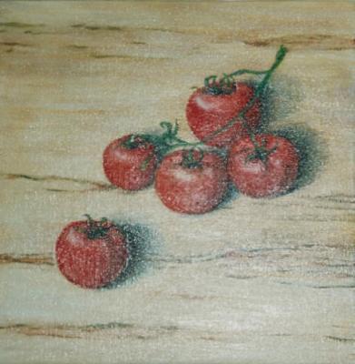 realistisch stilleven: EEN TROSJE TOMATEN realistisch stilleven: EEN TROSJE TOMATEN
